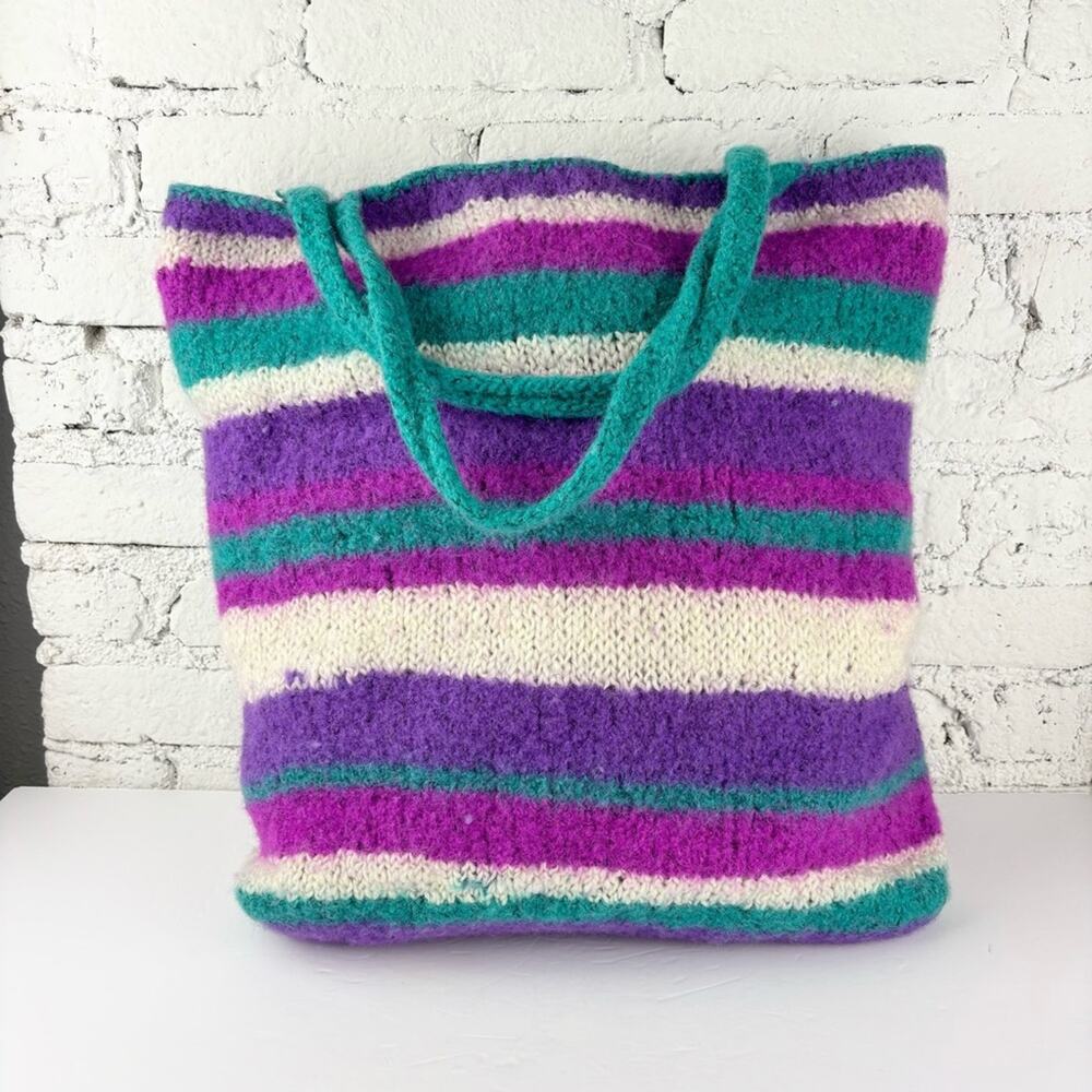 Vintage Y2K Handmade Striped Knit Tote Bag
